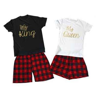 Piżamy dla par zestaw dla dwojga prezent na walentynki King Queen złoty nadruk